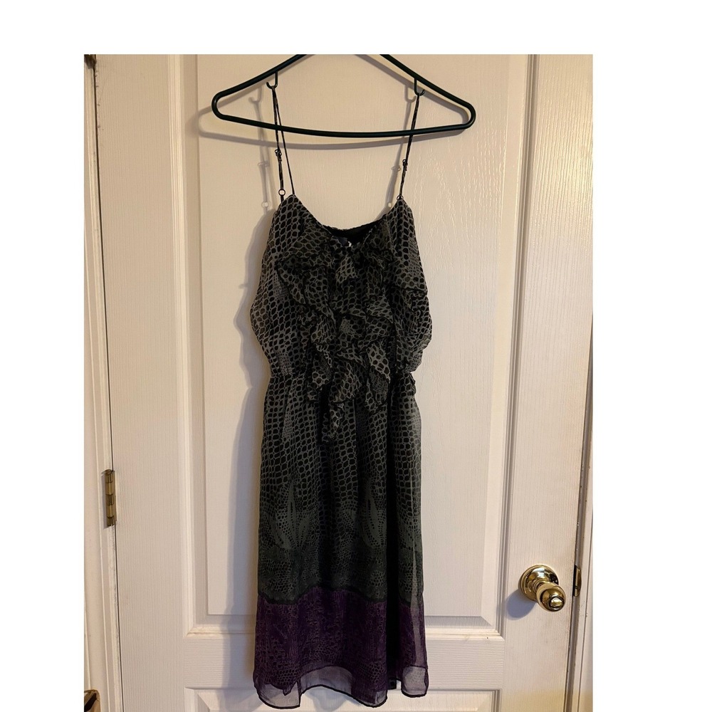 Three Eighty Two Ruffle Mini Dress M Grey Purple NEW Animal Print Dark Romantic